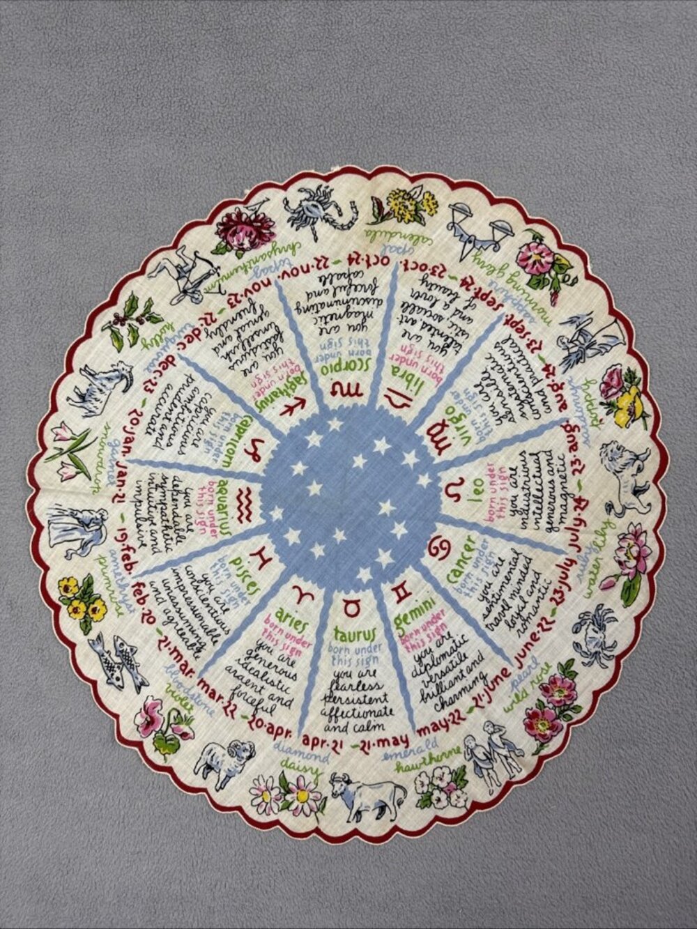 1950s Round Zodiac Handkerchief Astrology Horoscope Celestial hankie 60s? red